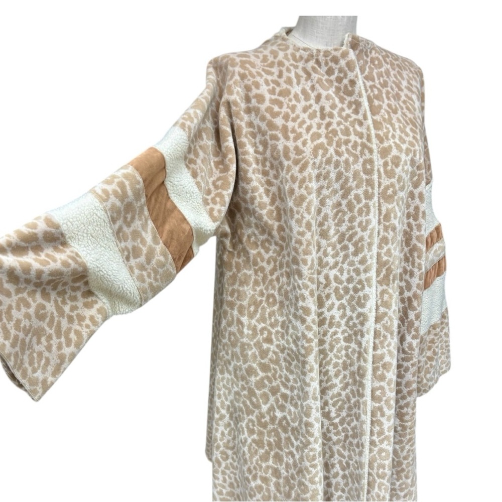 Vintage Beige Leopard Print Open Front Coat Textured Sleeve Stripes Handmade - Picture 8 of 11